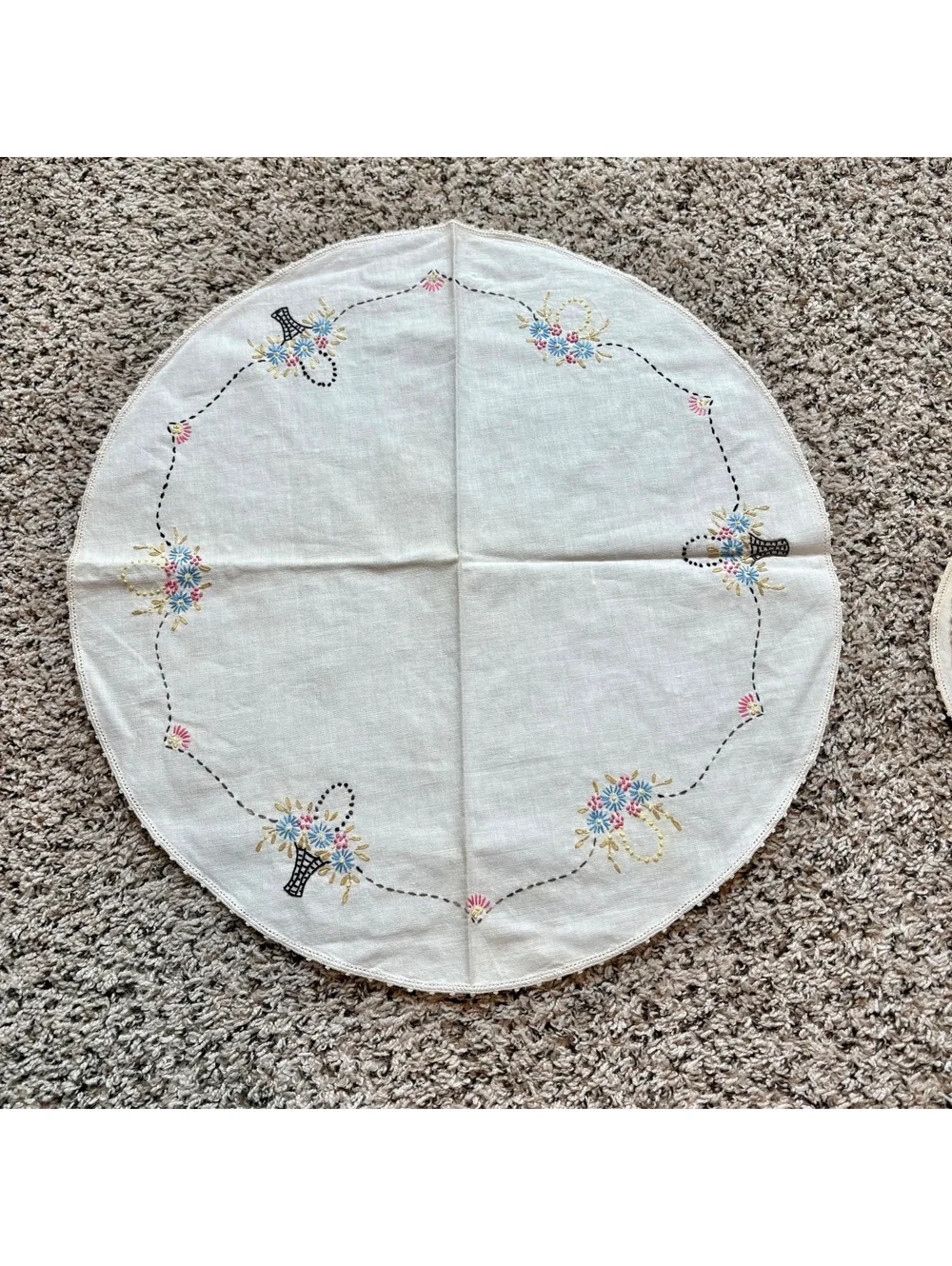 Vintage Embroidered Linen Doily Set Floral Basket Coasters Mats Table Linens